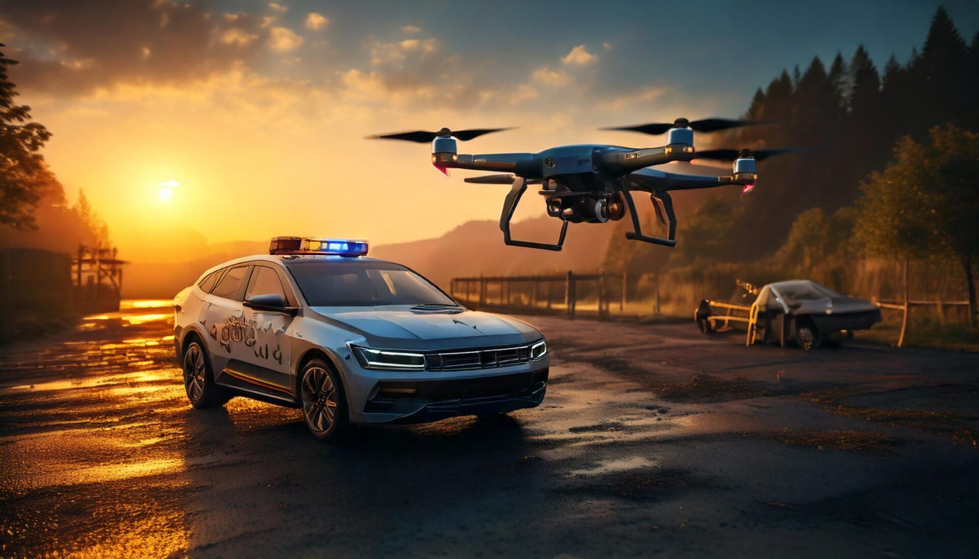 Firefly Ein Bild von einer Drohne im hintergrund, im vodergrund sollte ein polizeiauto stehen 51049